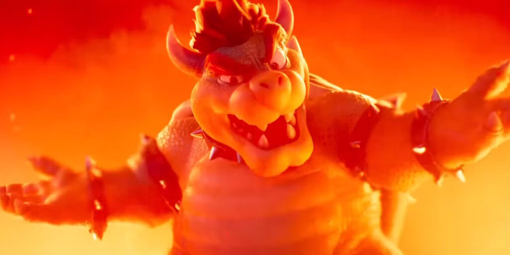 Bowser parla dei suoi piani malvagi su uno sfondo illuminato dalla lava